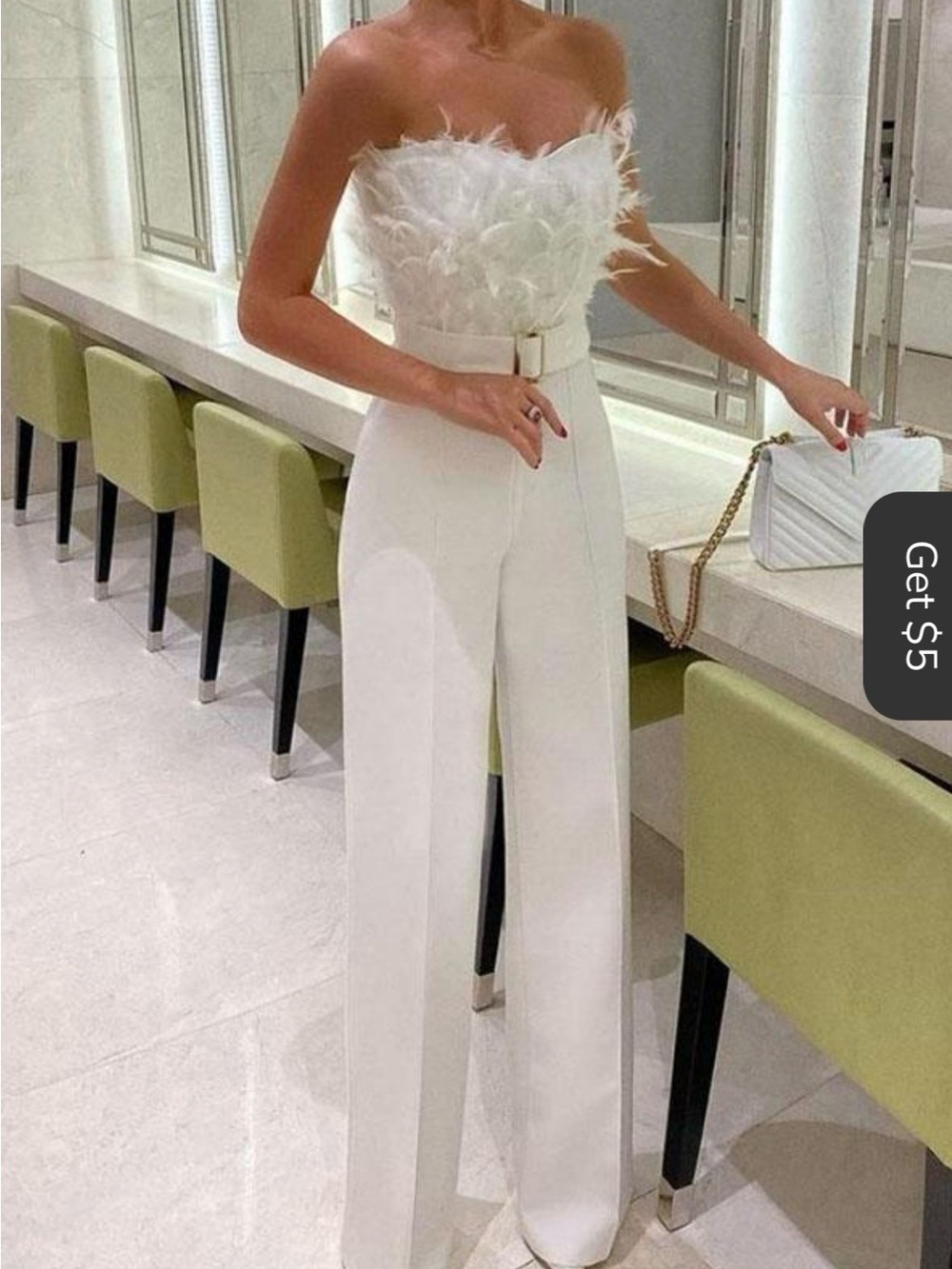 Strapless Feather Bodice Wide-Leg Jumpsuit in White